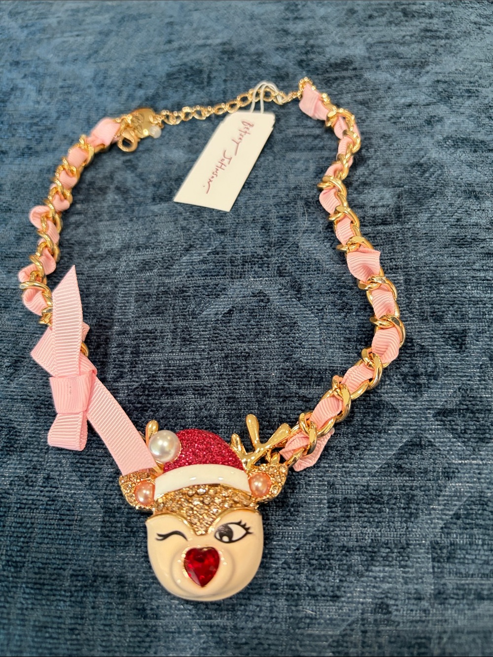 Betsey Johnson Pink Ribbon Reindeer Face Necklace